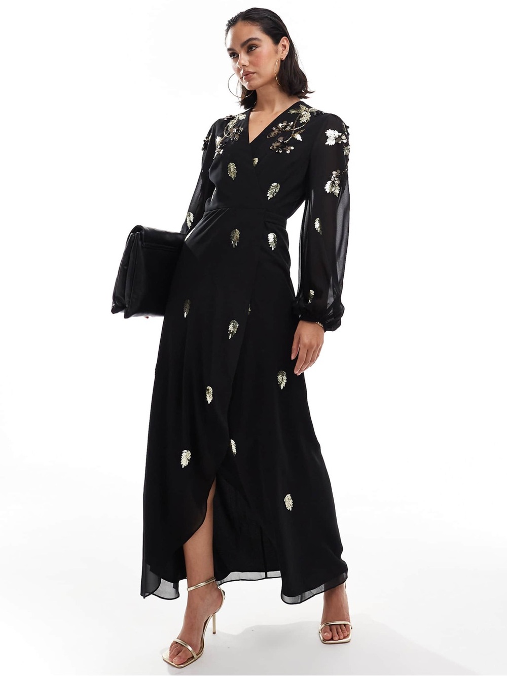 ASOS Hope & Ivy Black Long Sleeve Maxi Dress with Gold Leaf Embellishments